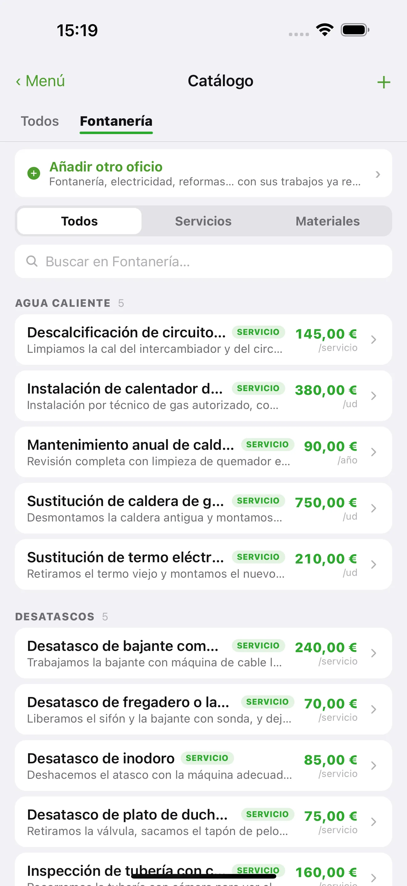 El catálogo de servicios y materiales en la app