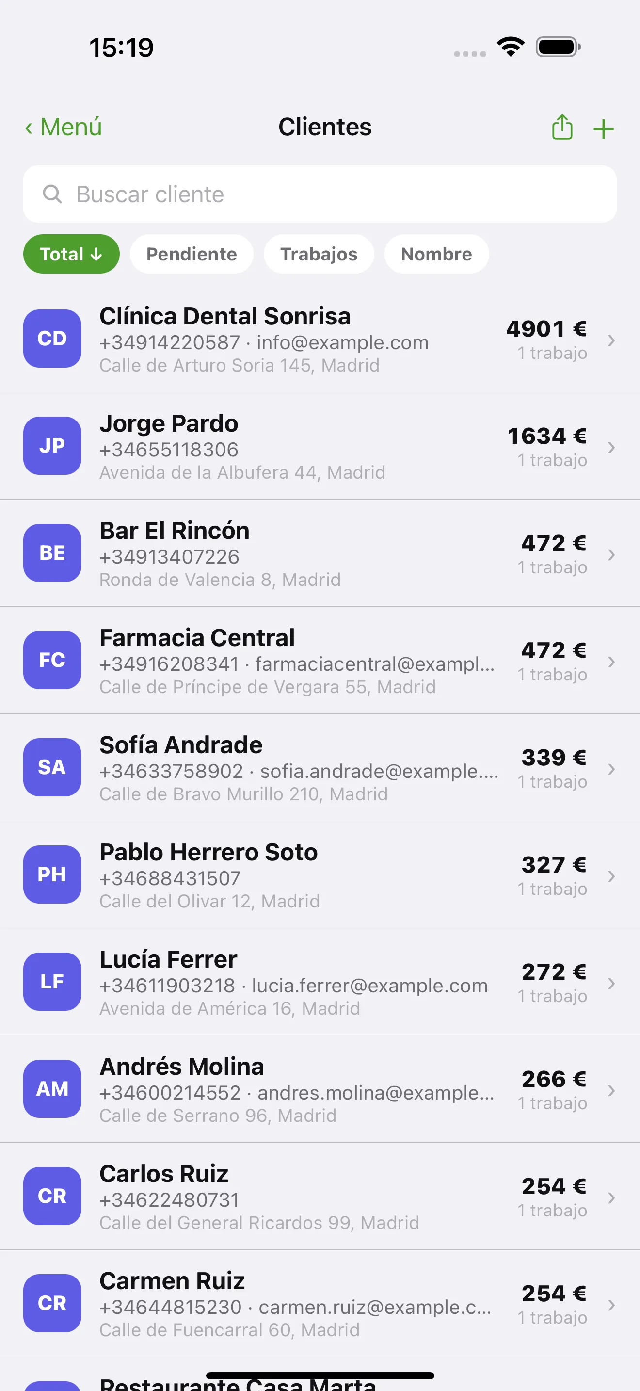 La lista de clientes en la app